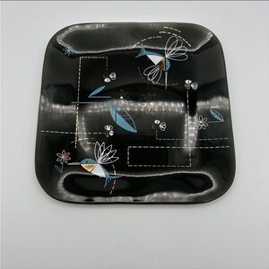 Gilded 1960s Mid Century Square Black Smoked Glass Hummingbirds & Bees Plate 7"